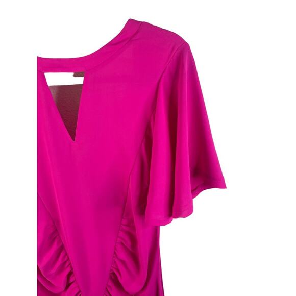 Le Superbe Waikiki Ruched Ruffle Mini Dress Keyhole Neck Flutter Sleeve Pink 2 - Picture 13 of 16